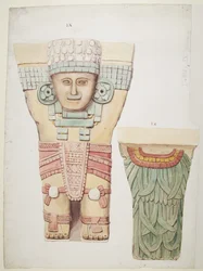 Caryatid från den yttre kammaren, Temple A, bollplan Chichen Itza, Mexiko (akvarell)