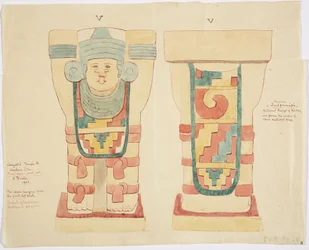 Karyatid från den yttre kammaren, Jaguarernas övre tempel (tempel A), bollplan, Chichen Itza (akvarell)