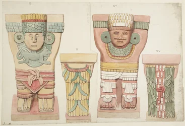 Karyatider II och XV från yttre kammaren, Jaguarernas övre tempel, Chichen Itza, Mexiko (akvarell)