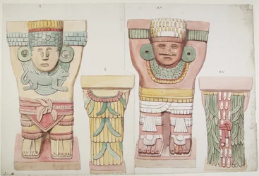 Karyatider II och XV från yttre kammaren, Jaguarernas övre tempel, Chichen Itza, Mexiko (akvarell)