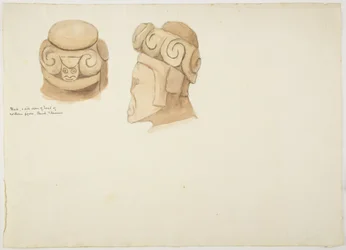 Ler- eller stenfigur från Tiahuanaco (Tiwanaku), Bolivia (akvarell)