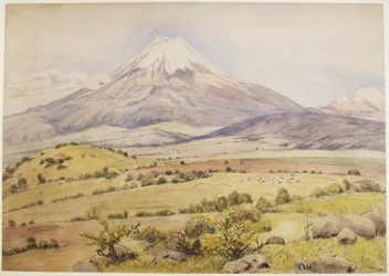 Molnet kommer upp kl. 10.30 Popocatépetl från Atlixco, Puebla, Mexiko (akvarell och kroppsfärg)