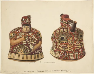 Behållare med en mänsklig figur på ena sidan och en pip bakom huvudet Från Nazca, Peru (akvarell)