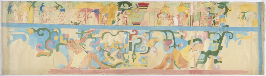 Kopia av en väggmålning från den sydvästra väggen, Jaguarernas övre tempel, Chichen Itza, Mexiko (akvarell och kroppsfärg)