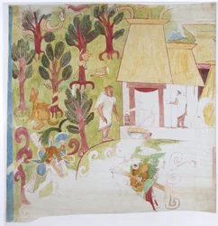 Kopia av en del av en väggmålning från den södra gavelpanelen, östra väggen, inre kammaren, Jaguarernas övre tempel, Stora bollplanen, Chichen Itza,    (akvarell & kroppsfärg)