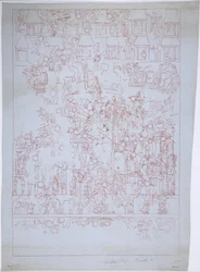 Ritning av södra muren, Jaguarernas övre tempel, Chichen Itza, Mexiko (rött bläck)