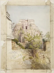 Trollkarlens hus, Uxmal, Mexiko (akvarell)