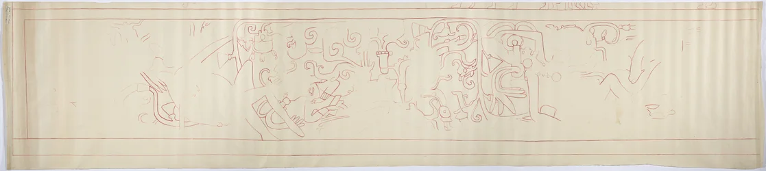 Konturspårning av en väggmålning från västväggen, Jaguarernas övre tempel, Chichen Itza, Mexiko (rött bläck &   grafit)
