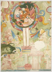 Målning som föreställer en del av den södra panelen på västväggen, Jaguarernas övre tempel, Chichen Itza, Mexiko (akvarell, kroppsfärg, grafit)