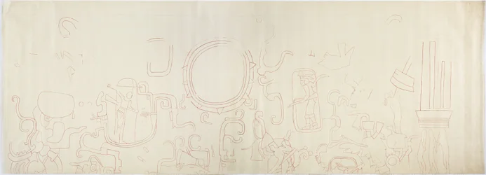 Målning från norra väggen, Jaguarernas övre tempel, Chichen Itza, norra delen av Mexiko (rött bläck och grafit)