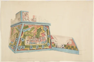 Målning av en stenrelief från Xochicalco, Mexiko Norra änden av västra sidan av nedre terrassen Akvarell (akvarell)