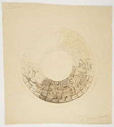 Krukskydd från Belize (tidigare Brittiska Honduras) Cirkulär design, varav en del saknas, visar en design inklusive figurer av män, glyfer etc (akvarell)