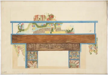 Kopia i kvartsskala av en väggmålning västra väggen, Jaguarernas övre tempel, Chichen Itza, Mexiko (akvarell, kroppsfärg, grafit)
