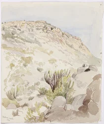 Rester av fästningens murar på toppen av en kulle vid Mitla, Oaxaca (akvarell)