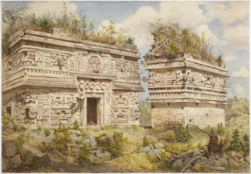 Ruiner vid Chichen Itza, Yucatan, Mexiko Visar östfasaden av byggnad A och Iglesia (akvarell)