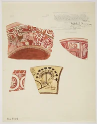Tre fragment av röd keramik med mönster inklusive en löpande drakliknande figur i vitt, och ett fragment av buff keramik med design i brunt (akvarell)