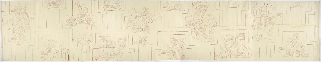 Spårning av en målad relief från målade stuckaturreliefer från fasaden på en kulle eller pyramid i Acanceh, Mexiko