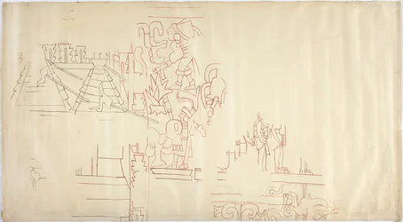 Spårning av en väggmålning från Casa de Monjas, Chichen Itza, Mexiko Ritad och färgad med svart och rött bläck (rött & svart bläck & grafit)