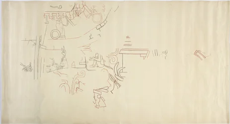 Spårning av en väggmålning från Casa de Monjas, Chichen Itza, Mexiko Vault i stor kammare (rött, svart & brunt bläck & grafit)