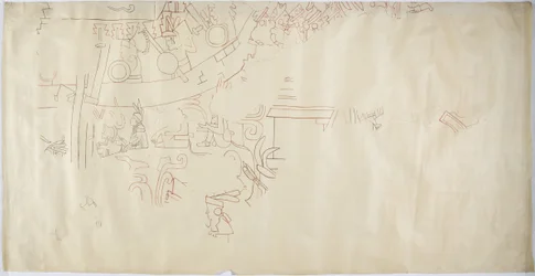 Spårning av en väggmålning från Casa de Monjas, Chichen Itza, Mexiko Vault i stor kammare (rött, svart & brunt bläck & grafit)