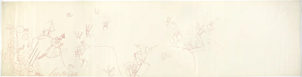 Spårning av en väggmålning från östväggen, Jaguarernas övre tempel, Chichen Itza, Mexiko (rött bläck &   grafit)