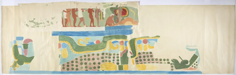 Spårning av en väggmålning från över dörren, Jaguarernas övre tempel, Chichen Itza, Mexiko (akvarell, kroppsfärg, grafit)