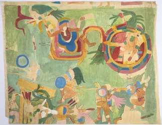 Spårning av en väggmålning från den inre kammaren, Jaguarernas övre tempel, södra väggen, Great Ball Court, Chichen Itza, Mexiko (akvarell & kroppsfärg)