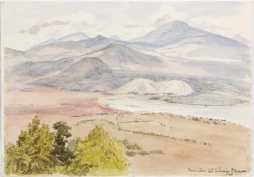 Utsikt från Cerro del Calvario, Patzcuaxo på ena sidan av papperet och på den andra är en utsikt över den antika fästningen och stenhögarna, Iguatcho från Cerro del Calvario, Patzcuaro, Michoacan, Mexiko (akvarell)