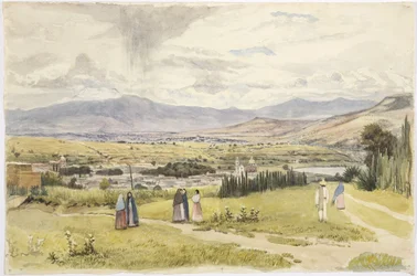 Utsikt över Tlaxcala och Ixtaccihuatl i Mexiko (akvarell)