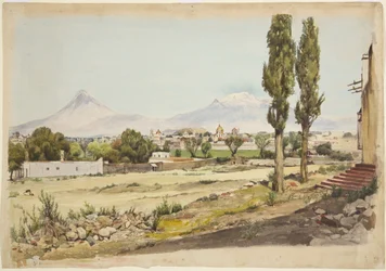 Vulkaner Popocatépetl och Iztaccihuatl vulkaner, Puebla, Mexiko (akvarell)