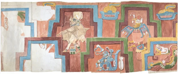 Akvarellkopia av stuckaturfasaden på templet på pyramiden i Acanceh Full skala Två rader figurer inom en stegvis ram Figur 6-11 (akvarell)
