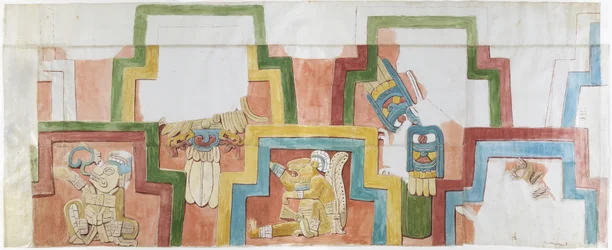 Akvarellkopia av stuckaturfasaden på templet på pyramiden i Acanceh Full skala Två rader med figurer inom en stegvis ram Figur 1-5 (akvarell)