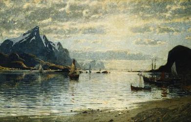 En fjordscen med segelfartyg,