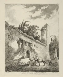 Utsikt över ett gammalt slott som ligger på vägen från Rom till Neapel från Differentes vue..., 1700-talet.