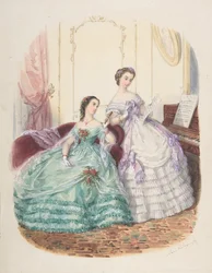 Modestudie: Två kvinnor i aftonklänning, ca. 1860.