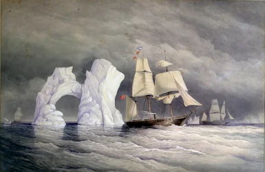 De brittiska fartygen Phoenix, Talbot och Diligence korsar ett isberg (Arktiska Kanada). Akvarell (58x88 cm), av Edward Augustus Inglefield (1820-1894)