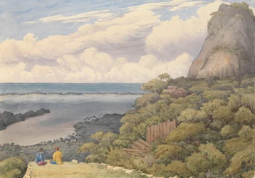 "Bora bora [Sällskapsöarna], från en ruin av ett infödingsfort ovanför hövdingabyn på östra sidan av ön, 5 september 1849