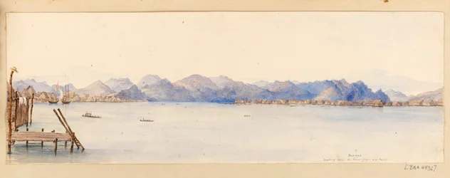 Borneo- Looking down the River from our house från West Indies, North American and Borneo scrapbook, ca 1845 (Akvarell)