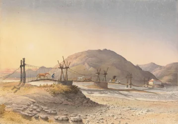 "Hängbro av skinnband (men reparerad med kedja) över Maypu, fem mil söder om Santiago, Chile, den 11 januari 1851