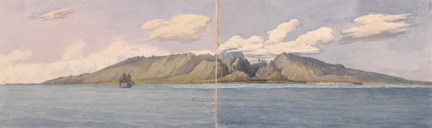 "Tahiti [Samhällsöarna]. Ravinen vid Fautaua - Kron- eller Diademeberget i mitten av ön, och staden Papeiti, 24 augusti 1849