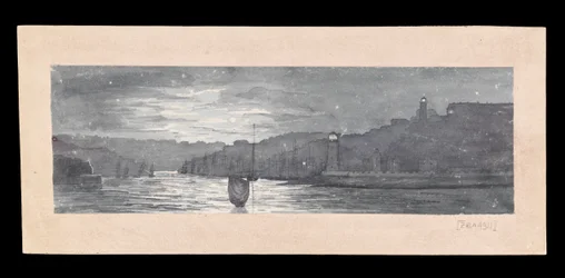 Tynes mynning, med North och South Shields, i månsken, ca 1840 (akvarell, skrapning, papper)
