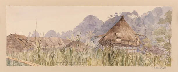 By och huvudhus för Segu-stammen eller Vid Manuk- eller Segur-floden från Västindien, Nordamerika och Borneo klippbok