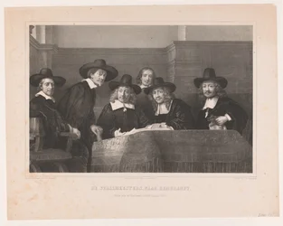 De Staalmeesters: kollegiet för provmästare (waardijns) i Amsterdams tygmakarskrå The Staalmeesters, efter Rembrandt / Premium plate der Kunstkronijk, sextonde volymen (1854) (titel på objekt)