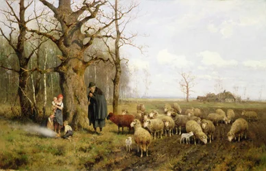 Barn med en herde och får i ett landskap (olja på duk)