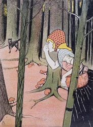 Rödluvan ser vargen i skogen, illustration från Jugend publicerad i München 1896