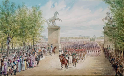 Tsar Alexander I (1777-1825) klättrar uppför Champs Elysees med sin armé i Paris 1814. Målning av Adolf Charlemagne (1827-1901)