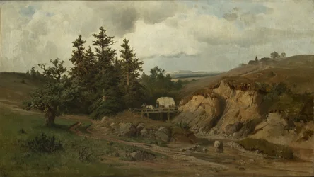 Landskap med en träbro - Landskap med en träbro - Adolf Kosarek (1830-1859). olja på duk