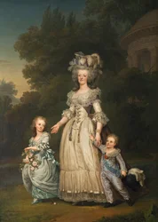Drottning Marie Antoinette av Frankrike och två av hennes barn på promenad i parken i Trianon, 1785