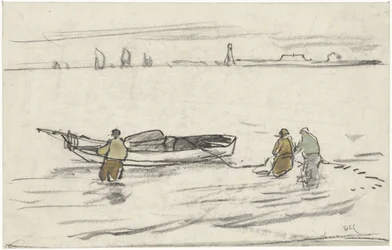 Tre män som står i vattnet drar en segelbåt åt sidan