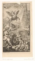 Allegorisk scen med kvinna som skriver, byster, Pegasus och Apollo Titelsida för: Cornelis Sweerts, Poetiska symboler, 1736